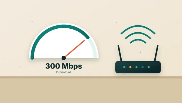 Illustration of a home office with a laptop, Wi-Fi router and speed gauge showing 300 Mbps