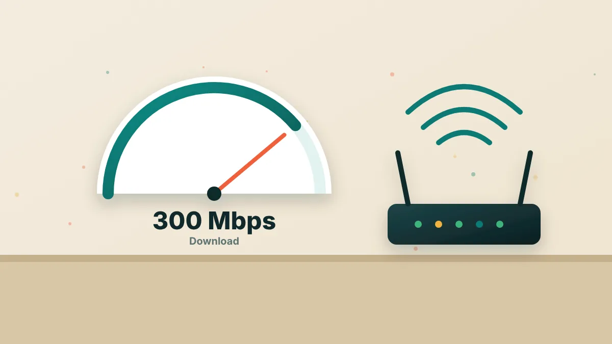 Illustration of a home office with a laptop, Wi-Fi router and speed gauge showing 300 Mbps