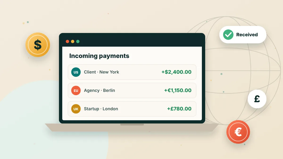 Laptop showing incoming international payments in dollars, euros and pounds