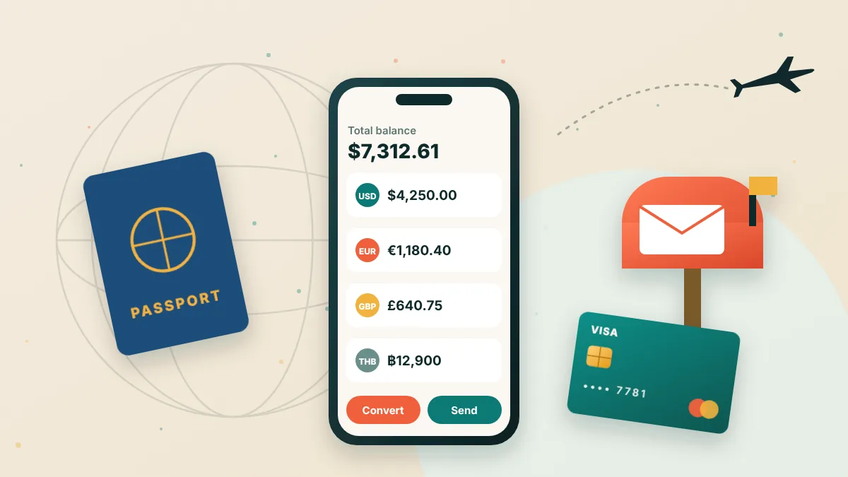 Smartphone showing a multi-currency wallet surrounded by travel items