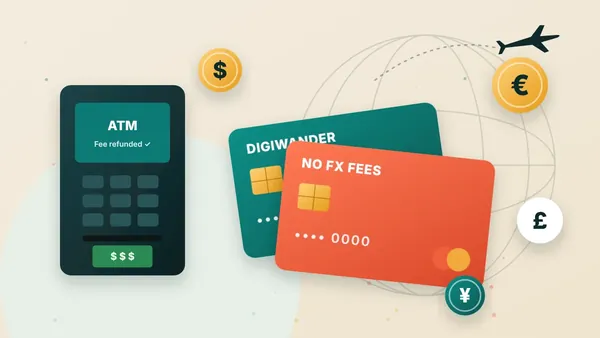 Digital nomad paying with a debit card at a cafe abroad, with world currency symbols