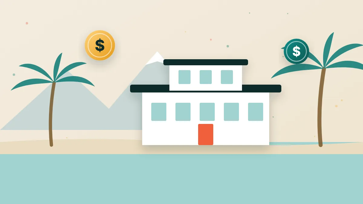 Illustration of a coastal luxury home with palm trees and mountains, representing wealthy US destinations