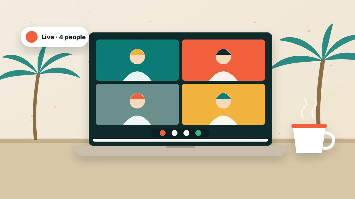 Laptop on a cafe table showing a video call grid with remote team members