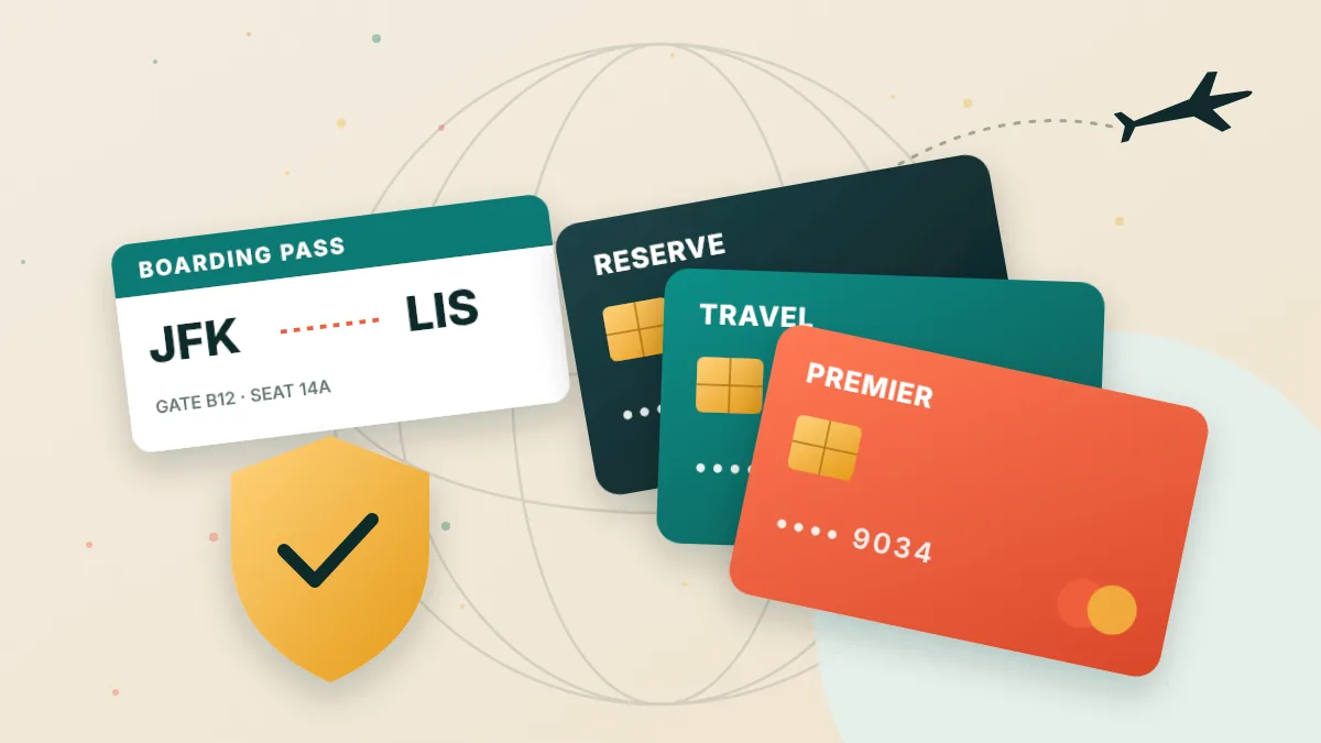 Credit cards, passport and boarding pass on a world map