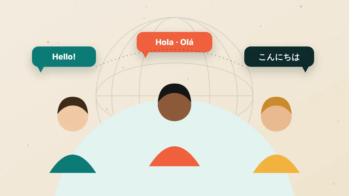 Illustration of people from different countries talking with speech bubbles in several languages