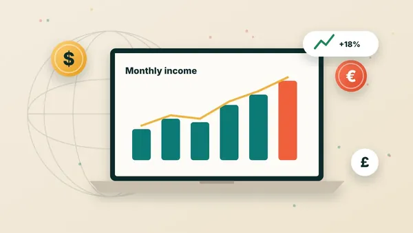 Illustration of a laptop showing a rising income chart with coins and a world map