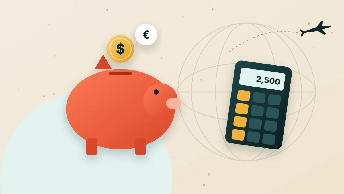 Illustration of a digital nomad budget with a piggy bank, passport, laptop and calculator