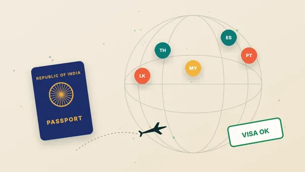 Illustration of an Indian passport with visa stamps, a laptop and pins on Thailand, Sri Lanka, Malaysia, Spain and Portugal