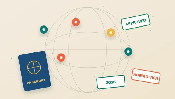 Illustration of a passport with visa stamps on a world map with a laptop and pins on several countries