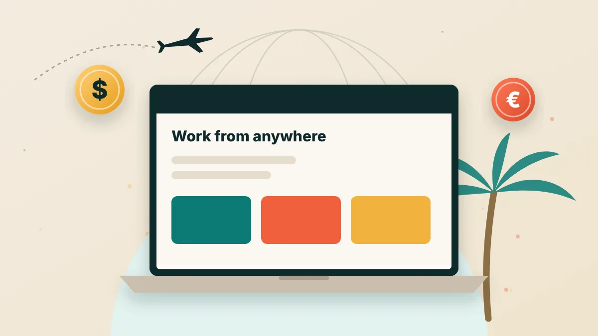 Illustration of a laptop on a desk with palm trees, coins and a plane — working remotely from anywhere