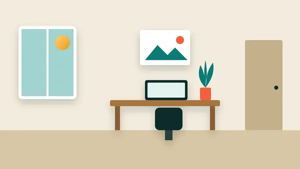 Illustration of a calm home office with desk facing the door, plant, window light and solid wall behind the chair