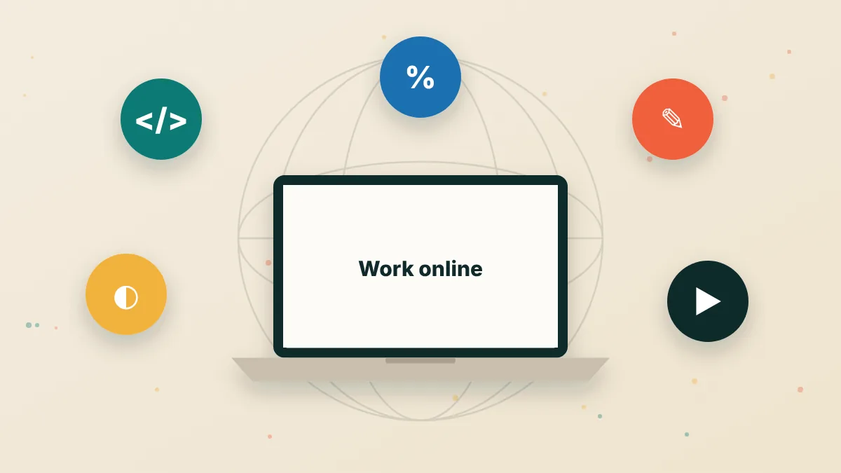Illustration of a laptop surrounded by icons for coding, writing, design, video and marketing jobs