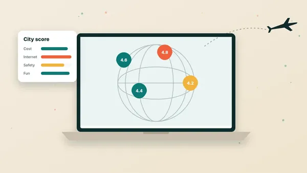 Illustration of a laptop showing a world map with city pins and score badges