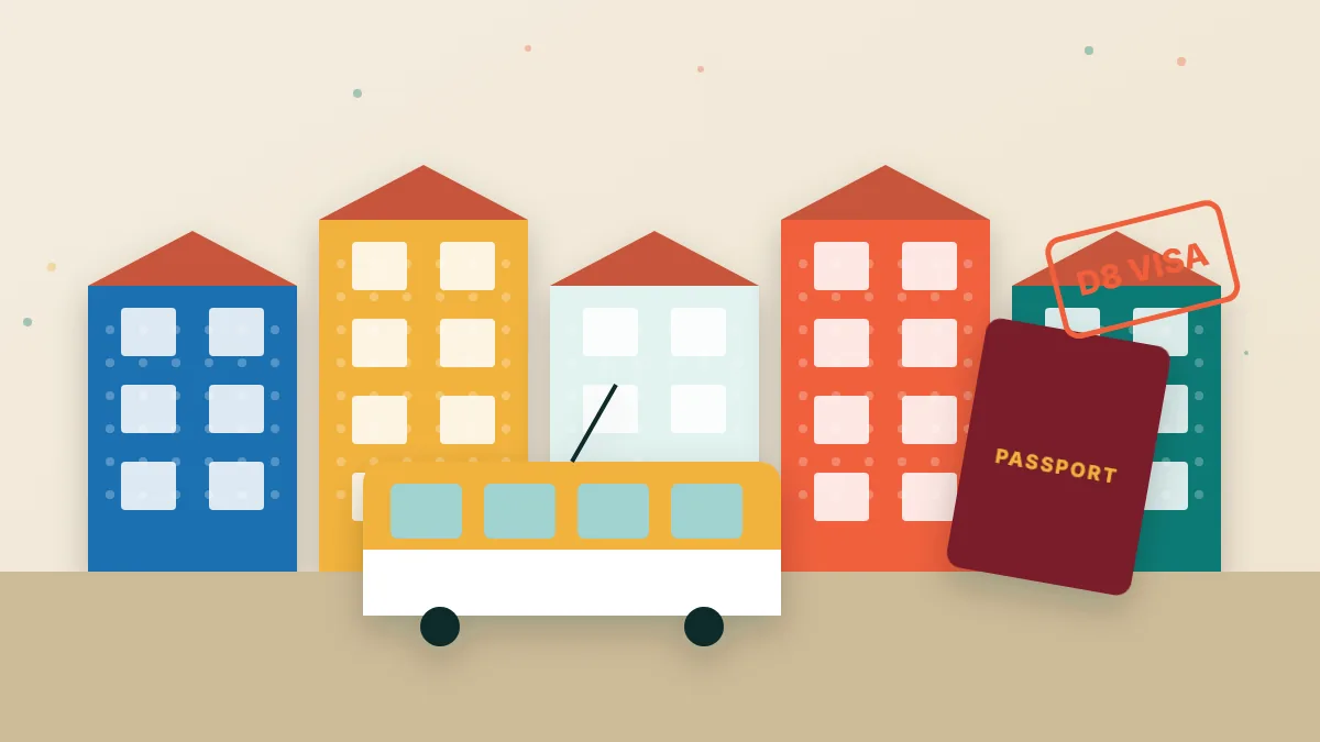 Illustration of Lisbon-style tiled buildings and a tram with a passport and visa stamp