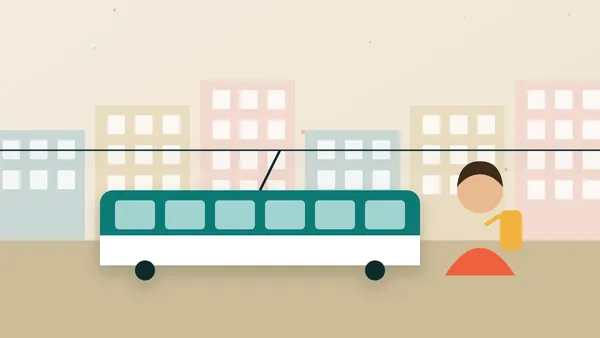 Illustration of a traveller with a backpack boarding a tram in a European city
