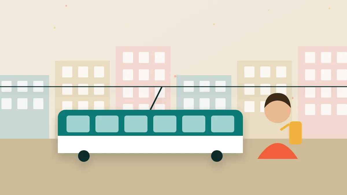 Illustration of a traveller with a backpack boarding a tram in a European city