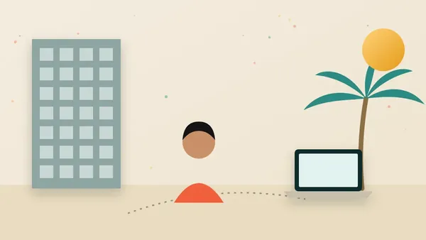 Illustration of a person leaving an office tower and walking toward a laptop under a palm tree