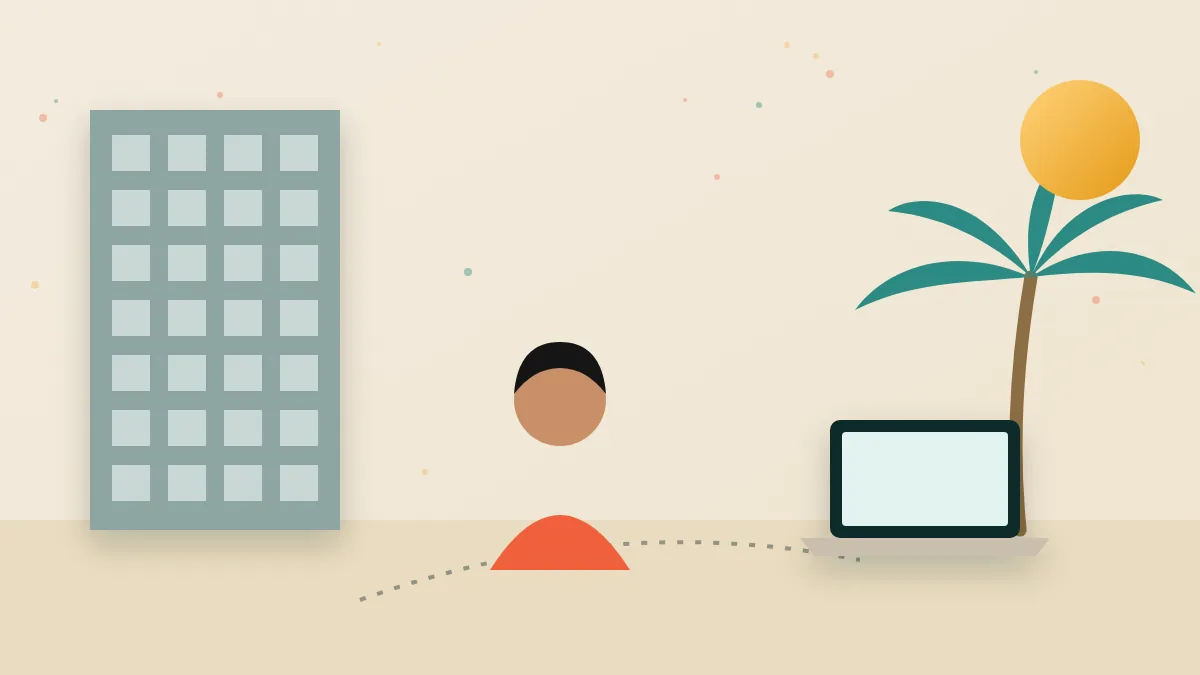 Illustration of a person leaving an office tower and walking toward a laptop under a palm tree