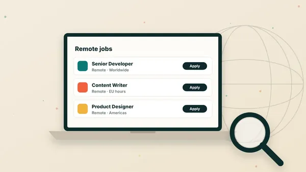Illustration of a laptop showing remote job listings with a magnifying glass and globe