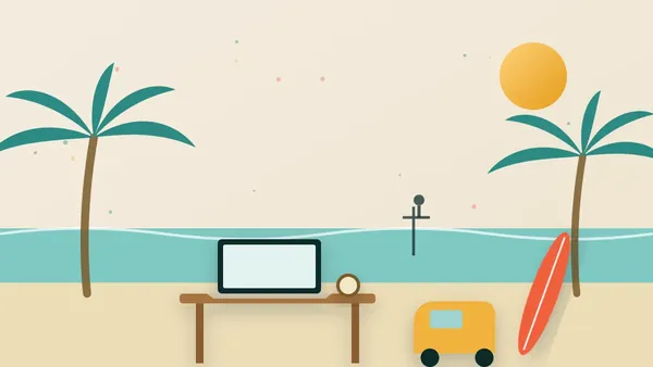 Illustration of a laptop on a Sri Lankan beach with palm trees, a surfboard and a tuk-tuk