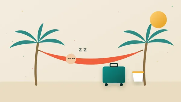 Illustration of a tired traveller resting in a hammock with a suitcase and coffee