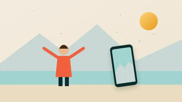 Illustration of a traveller posing at a viewpoint while a friend takes a photo with a phone
