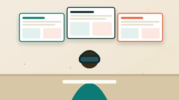 Illustration of a remote worker wearing a VR headset at a home desk with floating virtual screens
