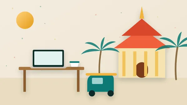 Illustration of a laptop on a table with a Thai temple, palm trees and a tuk-tuk in the background